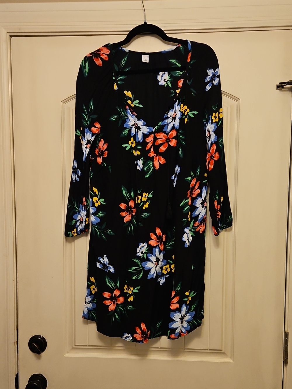 Old Navy Black Long-Sleeve Floral V-Neck Dress with Blue & Coral Blooms